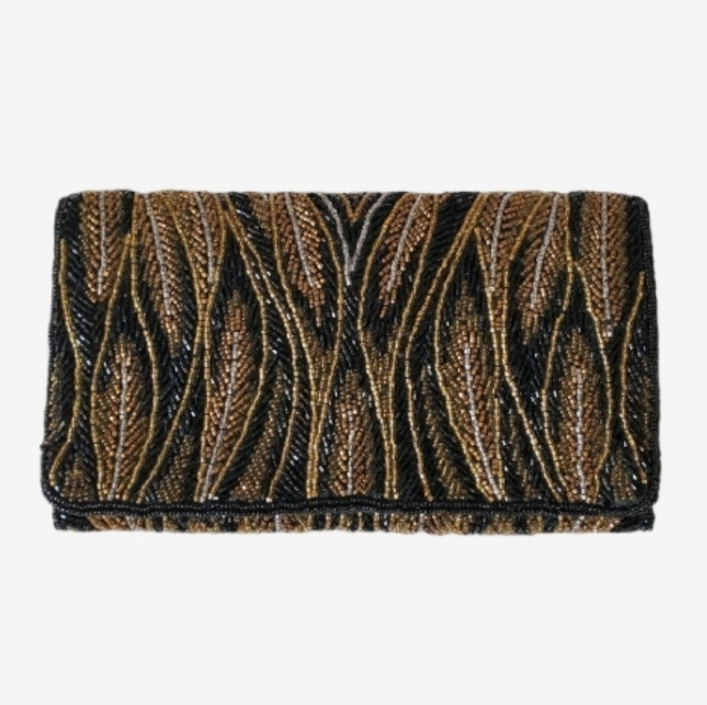 Metallic Floral Leaf Beaded Clutch Black Gold Bronze